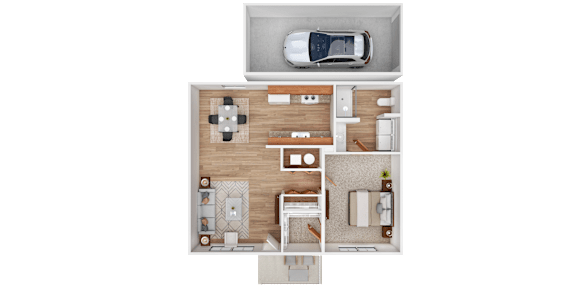 Floor Plan  A top-down view of a house layout with a car parked outside.