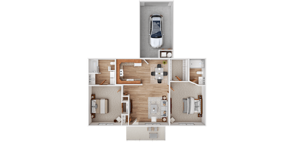 Floor Plan  A top-down view of a house layout with a garage, living room, kitchen, and two bedrooms.