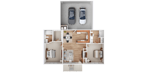 Floor Plan  A top-down view of a house layout with two bedrooms, a living room, a kitchen, and a bathroom.