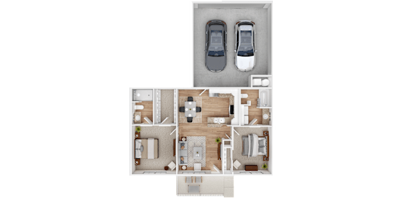 Floor Plan  A top-down view of a house interior with a car parked in the garage.