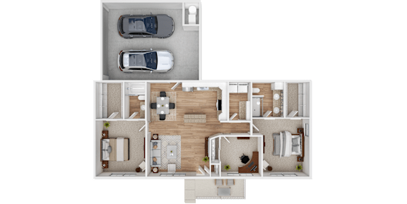 Floor Plan  A floor plan of a house with two bedrooms, a living room, a kitchen, and a garage.