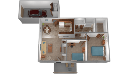 Floor Plan  A 3D image of a house layout with a car parked outside.
