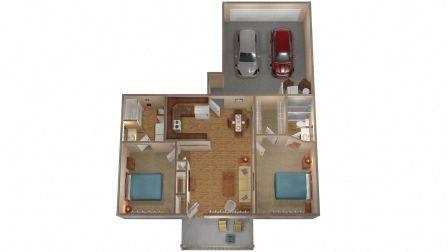 Floor Plan  A dollhouse with a grey floor and furniture.