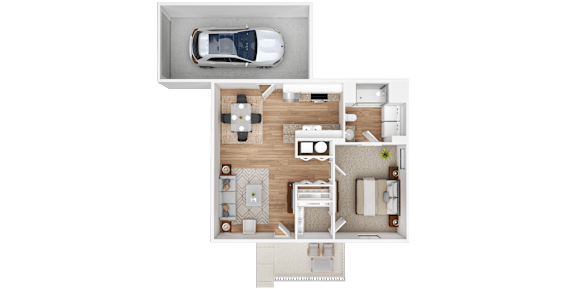 Floor Plan  A top-down view of a house layout with a car parked outside.