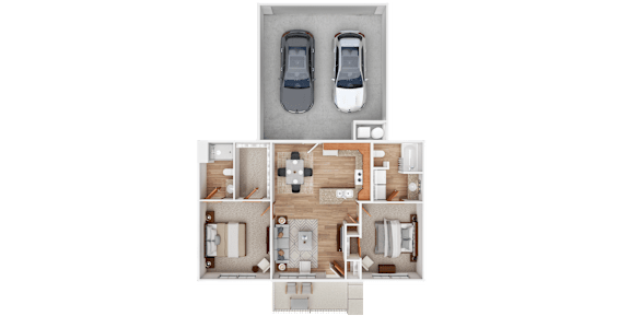 Floor Plan  A top-down view of a house layout with two cars parked in the driveway.