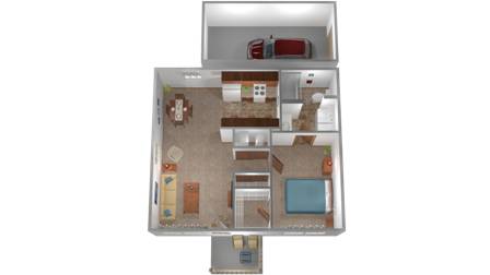 Floor Plan  A floor plan of a house with a kitchen, living room, and two bedrooms.