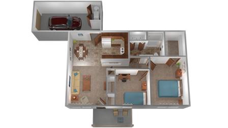 Floor Plan  A 3D floor plan of a house with a garage.