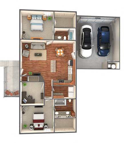 Floor Plan  A floor plan of a house with a kitchen, living room, bedrooms and garage.