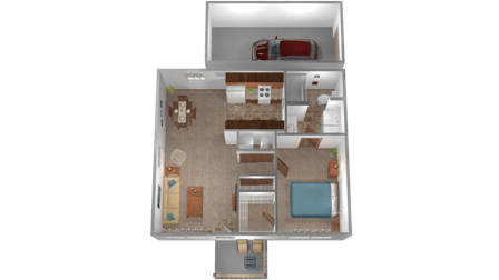 Floor Plan  A 3D floor plan of a house with a kitchen, living room, and two bedrooms.