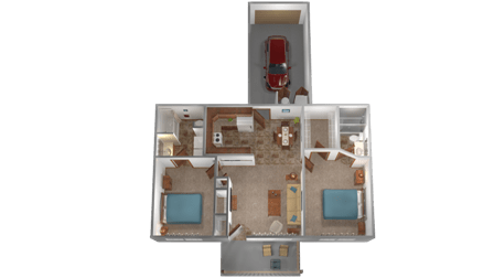 Floor Plan  A dollhouse with a red car and a blue bathtub.