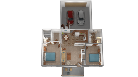 Floor Plan  A 3D image of a house layout with a garage, living room, kitchen, and two bedrooms.