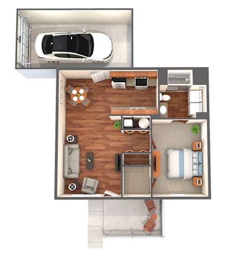 Floor Plan  A top-down view of a car and a house layout.