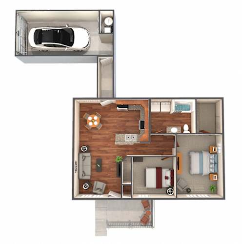 Floor Plan  A top-down view of a small apartment with a kitchen, living room, and bedroom.