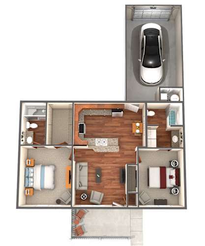 Floor Plan  A top down view of a car and a house layout.