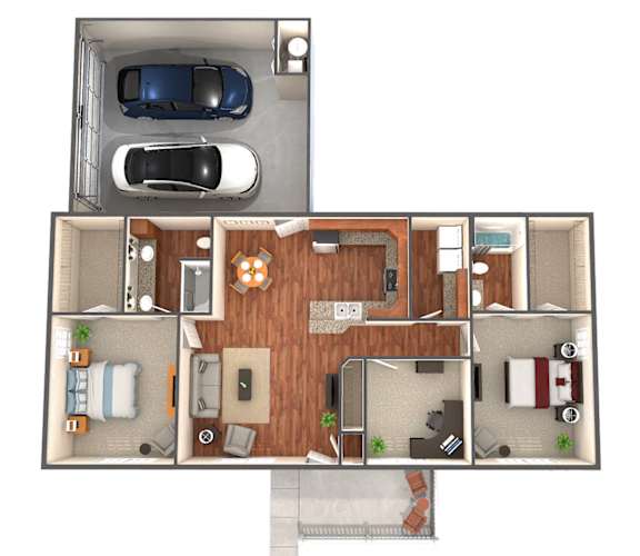 Floor Plan  A top-down view of a house layout with a car parked in the driveway.