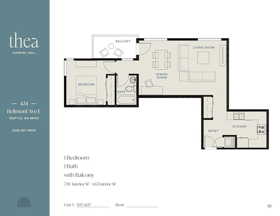 Floor Plan  A floor plan of a one bedroom apartment with a balcony.