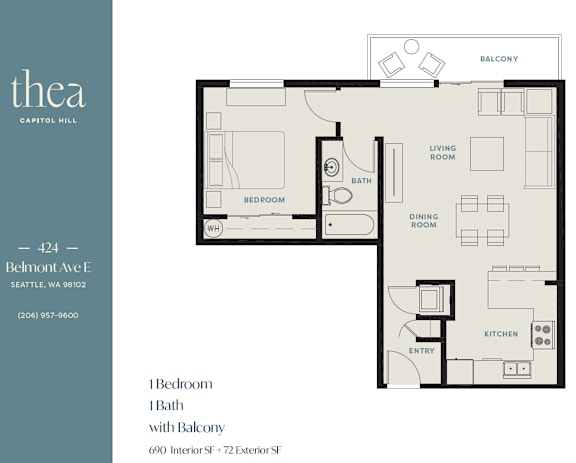 Floor Plan  A floor plan of a one bedroom apartment with balcony.
