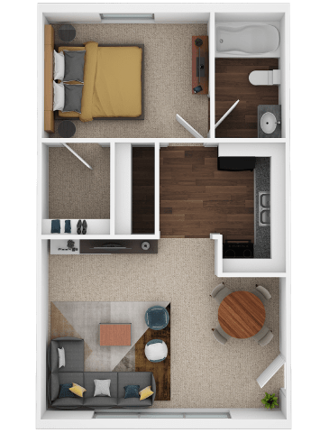 Floor Plan  A top-down view of a small apartment with a bed, a couch, a kitchenette, and a dining table.