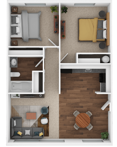 Floor Plan  A top-down view of a small apartment with a bedroom, living room, and kitchen.