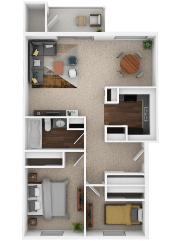 Floor Plan  A 3D floor plan of a small apartment with two bedrooms and a living area.