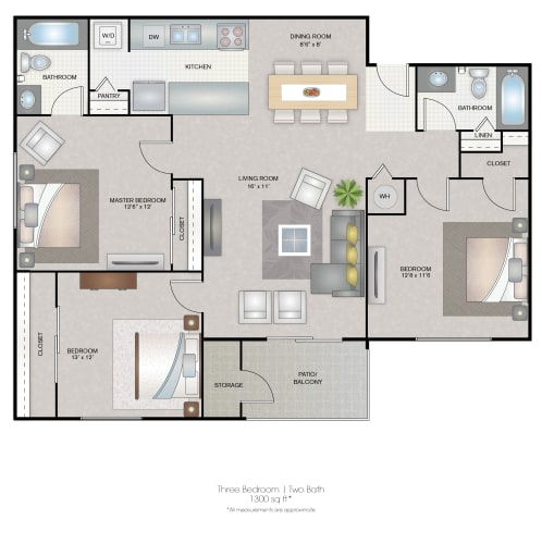 Floor Plan  Park Avenue Apartments Tampa Florida Three Bedroom Floorplan 1300sf