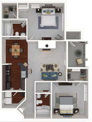 Floor Plan  A floor plan of a small apartment with a kitchen, living room, and two bedrooms.
