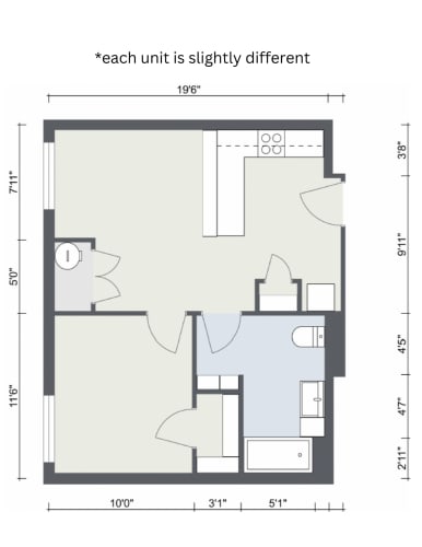 Floor Plan  a 1 bedroom floorplan with a bedroom and a living room