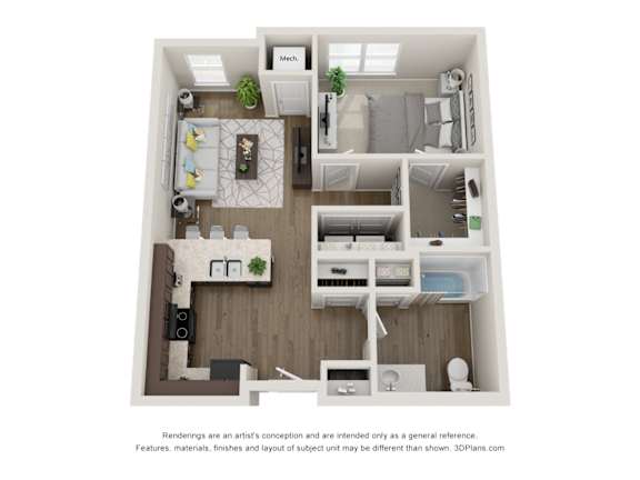 Floor Plan  A 3D floor plan of a small apartment with a kitchen, living room, and bedroom.