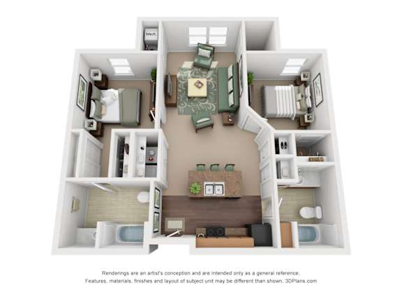 Floor Plan  A 3D floor plan of a house with a living room, kitchen, and two bedrooms.