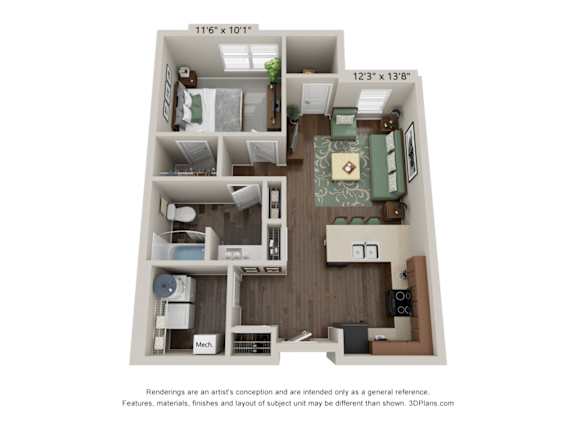 Floor Plan  A 3D floor plan of a small apartment with a kitchen, living room, and bathroom.