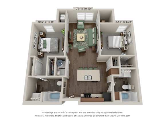 Floor Plan  A 3D floor plan of a two-bedroom apartment with a living room, kitchen, and bathroom.