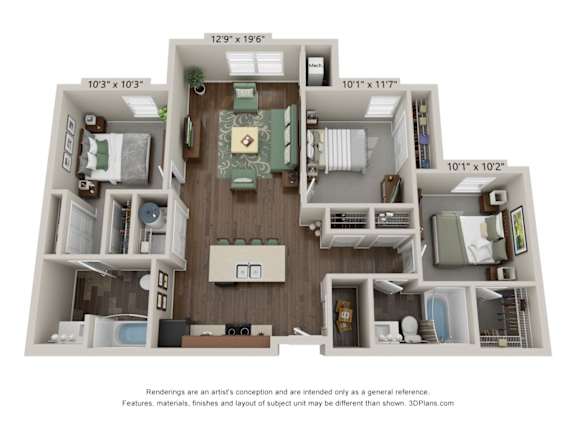 Floor Plan  A 3D floor plan of a house with a living room, kitchen, and two bedrooms.
