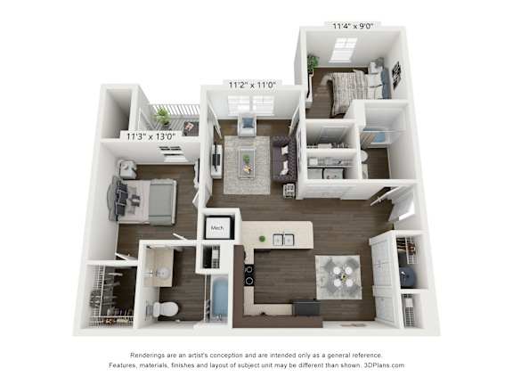 Floor Plan  A 3D floor plan of a small apartment with a kitchen, living room, and two bedrooms.