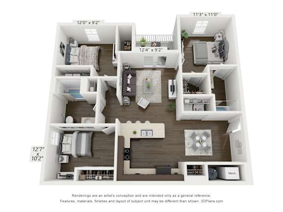 Floor Plan  A floor plan of a two-bedroom apartment with a living room, kitchen, and bathroom.
