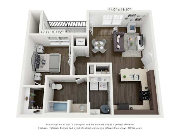 Floor Plan  A 3D floor plan of a small apartment with a kitchen, living room, and bathroom.