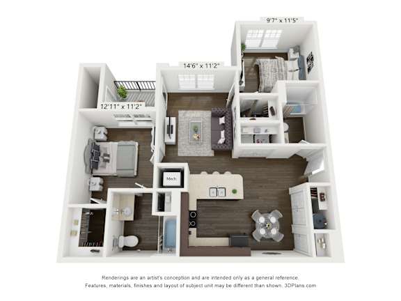 Floor Plan  A 3D floor plan of a small apartment with a kitchen, living room, and two bedrooms.