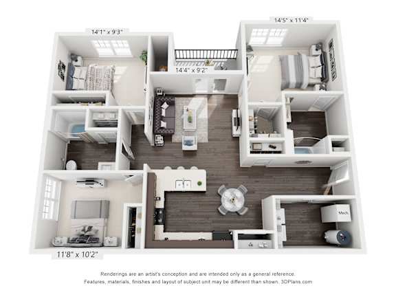 Floor Plan  A 3D floor plan of a two-bedroom apartment.