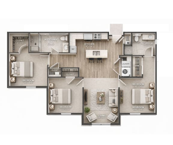 Floor Plan  A floor plan of a house with three bedrooms and a living area.