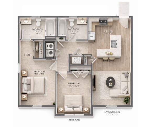 Floor Plan  A floor plan of a home with a living room, two bedrooms, a kitchen, and a bathroom.