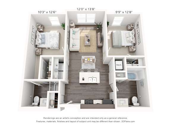 Floor Plan  A 3D floor plan of a small apartment with three bedrooms and a living room.