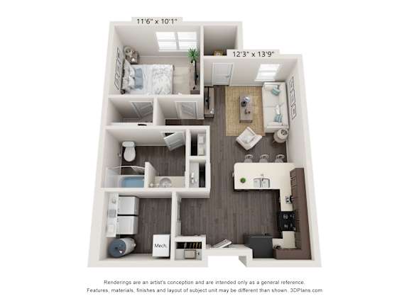 Floor Plan  A 3D floor plan of a small apartment with a kitchen, living room, and bathroom.