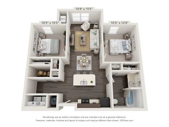 Floor Plan  A 3D floor plan of a small apartment with a kitchen, living room, and two bedrooms.