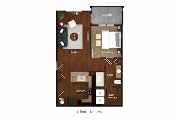 Floor Plan  A floor plan of a one bedroom apartment, Unit A1, showing the layout of the living room, bedroom, kitchen, bathroom, and laundry.