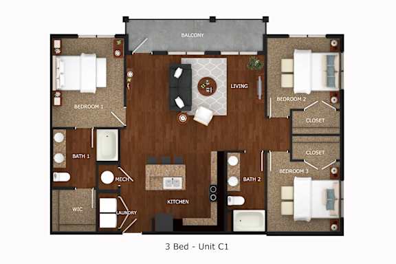 Floor Plan  A 3 Bedroom apartment layout with a living room, kitchen, and two bathrooms.