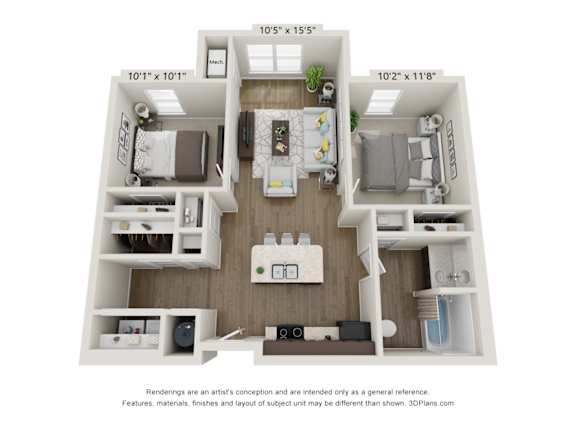 Floor Plan  A 3D floor plan of a small apartment with two bedrooms and a living room.