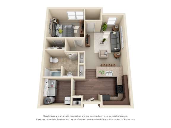 Floor Plan  A 3D floor plan of a small apartment with a kitchen, living room, and bedroom.