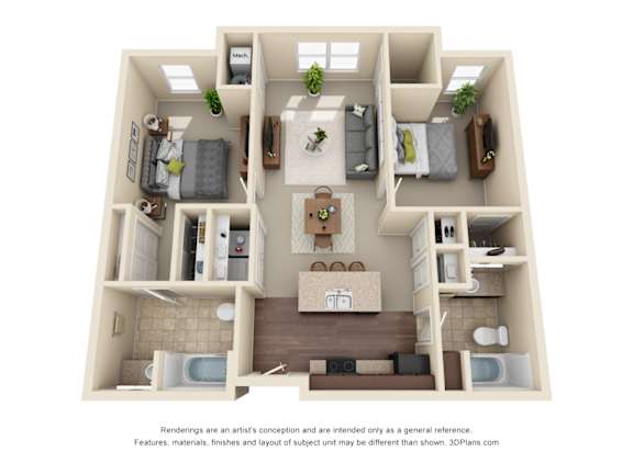 Floor Plan  A 3D floor plan of a small apartment with a kitchen, living room, and two bedrooms.