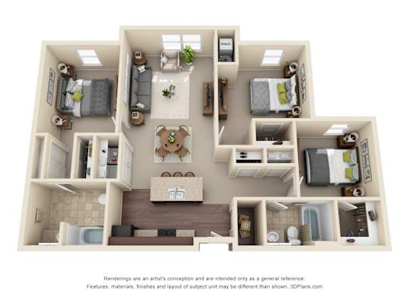 Floor Plan  A 3D floor plan of a house with a kitchen, living room, and bedrooms.
