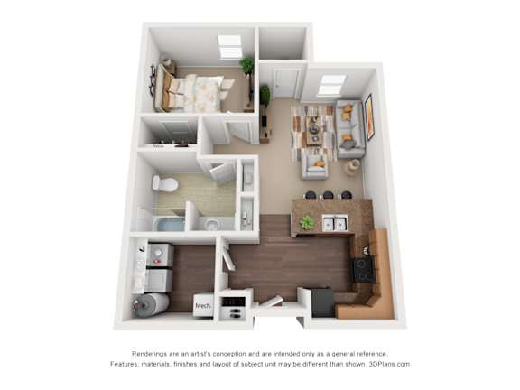Floor Plan  A 3D floor plan of a small apartment with a kitchen, living room, and bedroom.