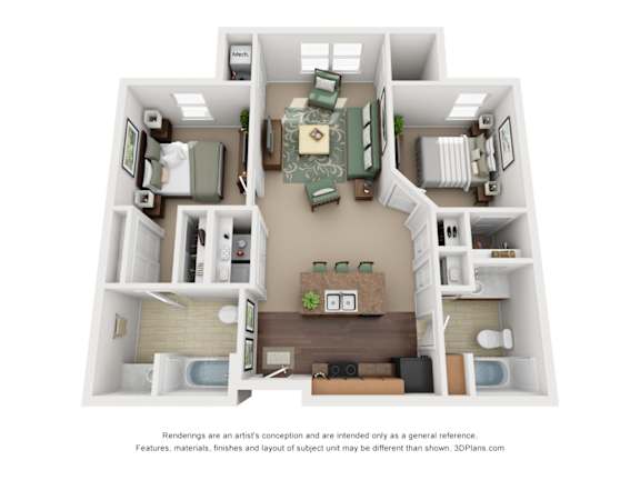 Floor Plan  A 3D floor plan of a house with a living room, kitchen, and two bedrooms.